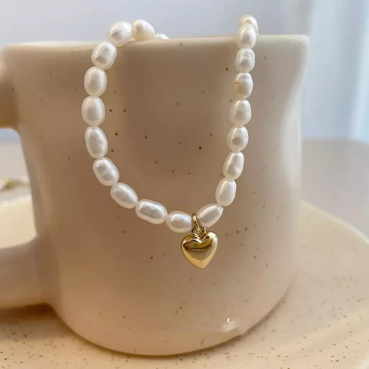 Pearl Necklace with Golden Heart