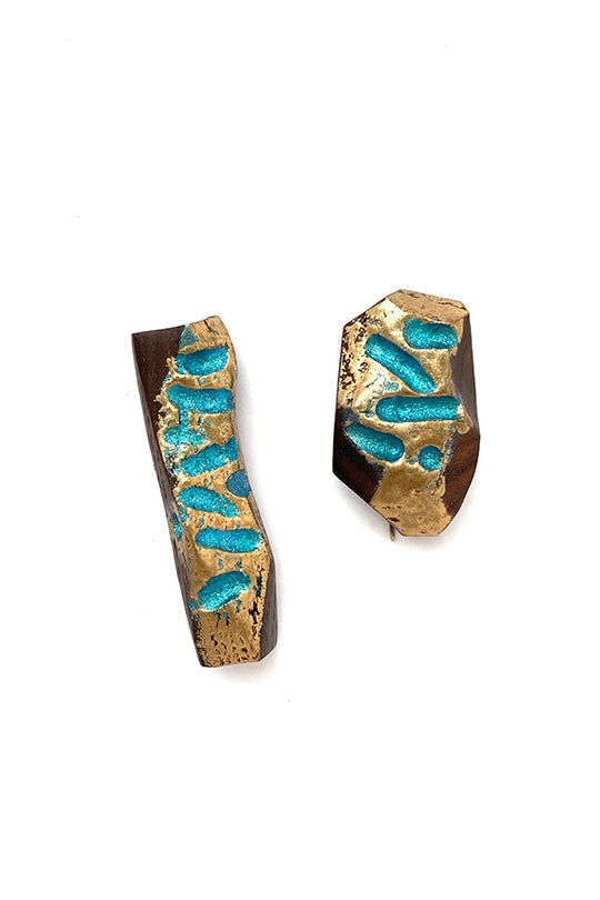 Asymmetric Teal and Gold Wood Earrings - Lusanet Collective